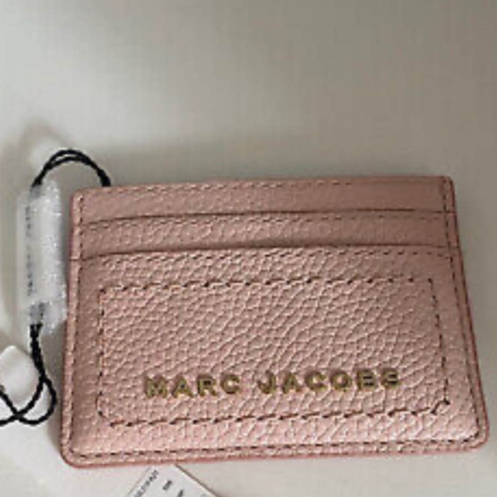 New MARC JACOBS Leather Card Holder Peach /Pink Gold Tone Hardware Slim Wallet - Picture 3 of 7